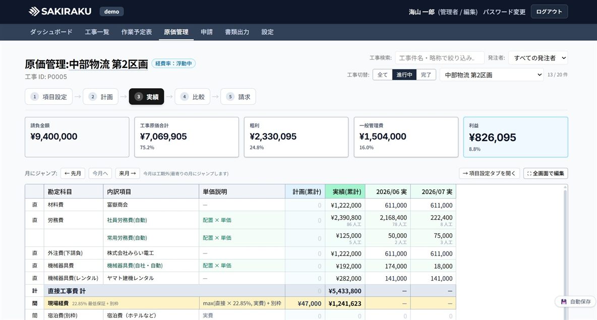 原価管理画面